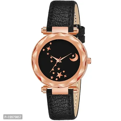 KIARVI GALLERY Analogue Moon Designer Dial Leather Strap Watch for Girls and Women(Peach) (Black)