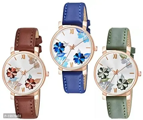 KIARVI GALLERY Analogue Flowered Dial Unique Designer Leather Strap Women's and Girl's Watch (Blue-Green-Brown)-thumb0