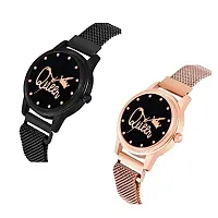 KIARVI GALLERY Black and Gold Queen Dial Designer with Magnetic Metal Strap Analog Watch for Girl's and Women (Pack of 2)-thumb1