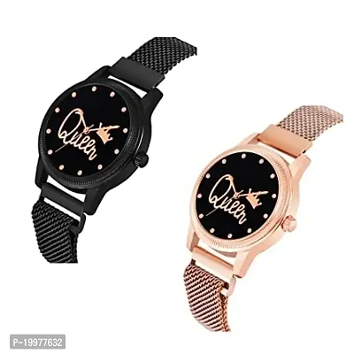 KIARVI GALLERY Black and Gold Queen Dial Designer with Magnetic Metal Strap Analog Watch for Girl's and Women (Pack of 2)-thumb2