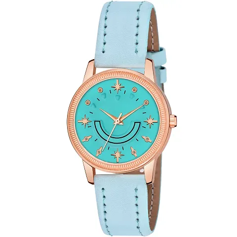 KIARVI GALLERY Analogue Smiley Dial Unique Designer Leather Strap Watch for Girl's and Women's (Sky Blue)