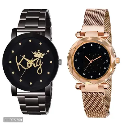 KIROH? King Dial Metal Strap and Gold Magnetic Strep Watch for Men and Women (Pack of 2)
