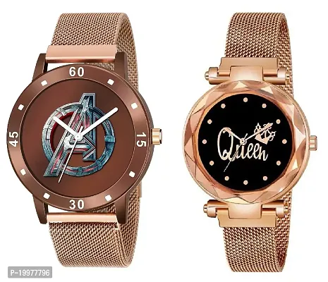 KIARVI GALLERY Analogue Black Avenger Print Dial and Queen Dial Magnetic Strap Men's and Women's Watches (Combo Pack of 2) (Black) (Rose Gold)