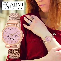 KIARVI GALLERY Analogue Smiley Pink Dial Unique Designer Magnetic Metal Strap Watch for Girl's and Women's (Pink Dial, Rose Gold Strap)-thumb4