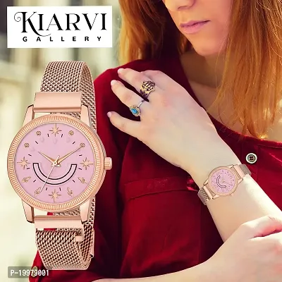 KIARVI GALLERY Analogue Smiley Pink Dial Unique Designer Magnetic Metal Strap Watch for Girl's and Women's (Pink Dial, Rose Gold Strap)-thumb5