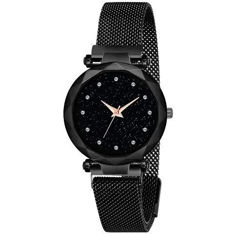 KIARVI GALLERY Clausal 12 Diamond Dial Magnetic Metal Strep Analog Girl's Women's Watch (Balck)