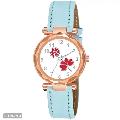 KIARVI GALLERY Analogue Flower Designer Leather Strap Women's and Girl's Watch (Sky Blue-Red)-thumb0