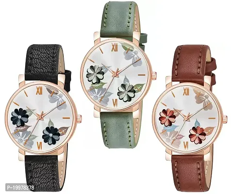 KIARVI GALLERY Analogue Flowered Dial Unique Designer Leather Strap Women's and Girl's Watch (Black-Green-Brownn)-thumb0