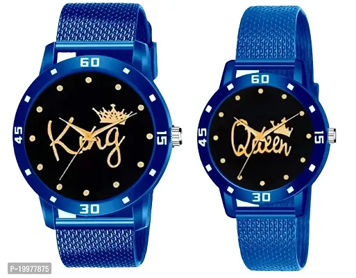 KIARVI GALLERY Analogue King and Queen Dial PU Strap Men's and Women's Couple Watch(Combo, Pack of 2) (Blue)-thumb0