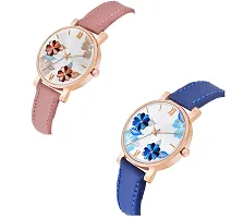 KIARVI GALLERY Analogue Flowered Dial Unique Designer Leather Strap Women's and Girl's Watch (Peach-Blue)-thumb1