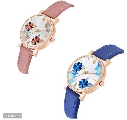 KIARVI GALLERY Analogue Flowered Dial Unique Designer Leather Strap Women's and Girl's Watch (Peach-Blue)-thumb2