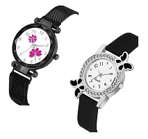 KIARVI GALLERY Analogue Flower Dial Magnetic and White Dial Butterfly Pu Strap Combo Girl's and Women's Watch (Black-Pink-Black)-thumb1