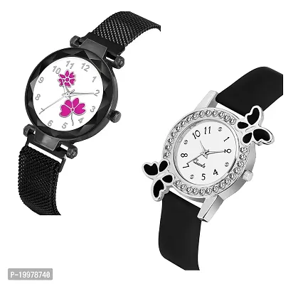 KIARVI GALLERY Analogue Flower Dial Magnetic and White Dial Butterfly Pu Strap Combo Girl's and Women's Watch (Black-Pink-Black)-thumb2
