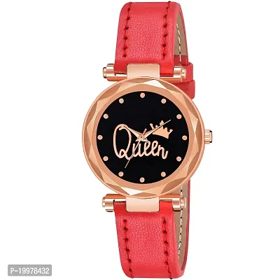 KIARVI GALLERY Clausal Analogue Queen Dial Leather Belt Watch for Girl's and Women's (Red)