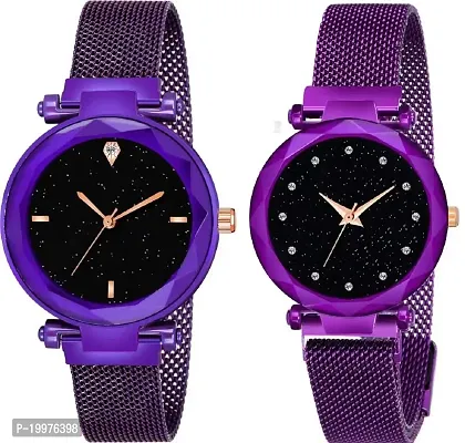 KIARVI GALLERY Black dial 12 Diamond and 4 figer with Purple Magnetic Buckle Starry Belt Analog Watch Quartz Watch for Women-thumb0