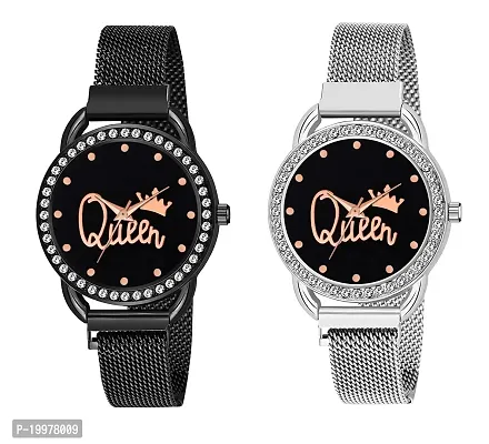 KIARVI GALLERY Black and Silver Queen Dial Full Diamond Designer with Magnetic Metal Strap Analog Watch for Girl's and Women (Pack of 2)