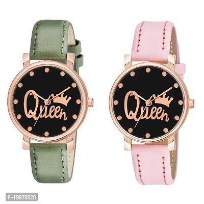 KIARVI GALLERY Analogue Queen Designer Dial Leather Strap Combo Watch for Girls and Women(Blue-Brown) (Green-Pink)