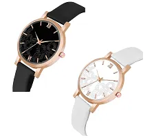 KIARVI GALLERY Analogue Pack of 2 Flower Dial Unique Designer Leather Strap Women's and Girl's Watch (Black -White)-thumb1