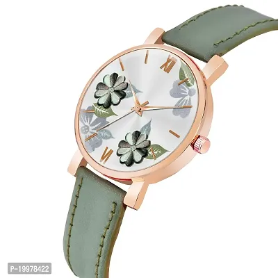 KIARVI GALLERY Analogue Flowered Dial Unique Designer Leather Strap Women's and Girl's Watch(Green)-thumb2