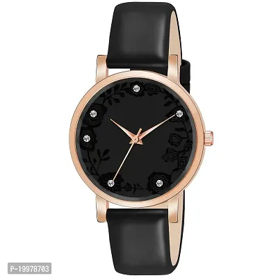 KIARVI GALLERY Analogue Diamond Studded Flower Dial Unique Designer Leather Strap Women's and Girl's Watch (Black)