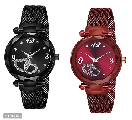 KIARVI GALLERY Black and Red Heart Dial Designer with Magnetic Metal Strap Analog Watch for Girl's and Women (Pack of 2) (Black and Red)-thumb0