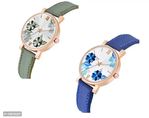 KIARVI GALLERY Analogue Flowered Dial Unique Designer Leather Strap Women's and Girl's Watch (Blue-Green)-thumb2