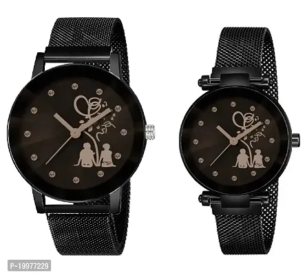 KIARVI GALLERY Causal Lovers Couples Unique Design Magnetic Metal Strap Analog Men's and Women's Watch(Pack of 2) (Sit Black)-thumb0