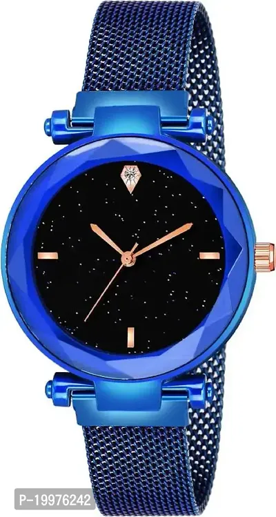 Kiarvi Gallery Blue Magnetic Metal Strap Black Cut Glass dial Analog Watch for Girl-thumb0