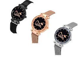 Kiarvi Gallery Analogue Gold Black  Silver Magnetic Metal Strap Girl's and Women Watch(Black Gold and Silver Pack of 3) (Black-Gold-Silver-Q)-thumb1