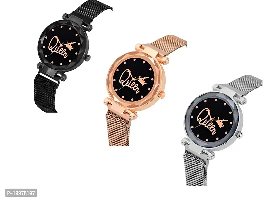 Kiarvi Gallery Analogue Gold Black  Silver Magnetic Metal Strap Girl's and Women Watch(Black Gold and Silver Pack of 3) (Black-Gold-Silver-Q)-thumb2
