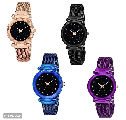 KIARVI GALLERY Black Blue Gold Purple Color with Magnetic Metal Strep Analog Watch for Girls and Women(Pack of 4)