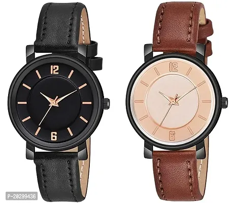 Kiarvi Gallery Analogue Round Dial Stylish Premium Leather Strap Watch For Girls And Women  Pack Of  2  Black Brown-thumb0