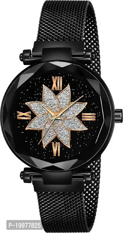 KIARVI GALLERY Black Flower Star Dial Designer with Magnetic Metal Strap Analog Watch for Girl's and Women