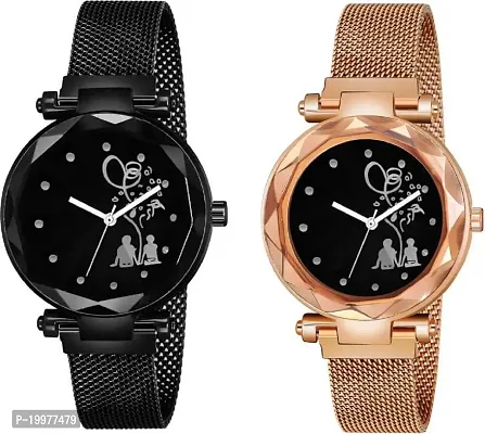 KIARVI GALLERY Black and Gold Tree Lover Couple Dial Designer with Magnetic Metal Strap Analog Watch for Girl's and Women (Pack of 2)