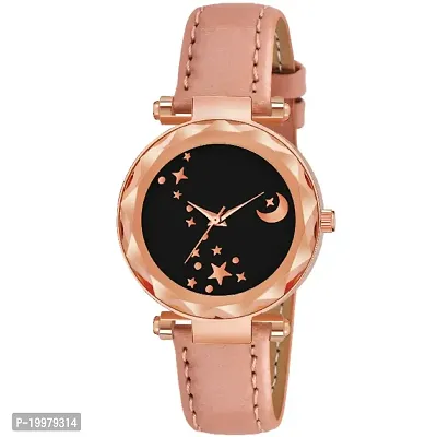 KIARVI GALLERY Analogue Moon Designer Dial Leather Strap Watch for Girls and Women(Peach) (Peach)