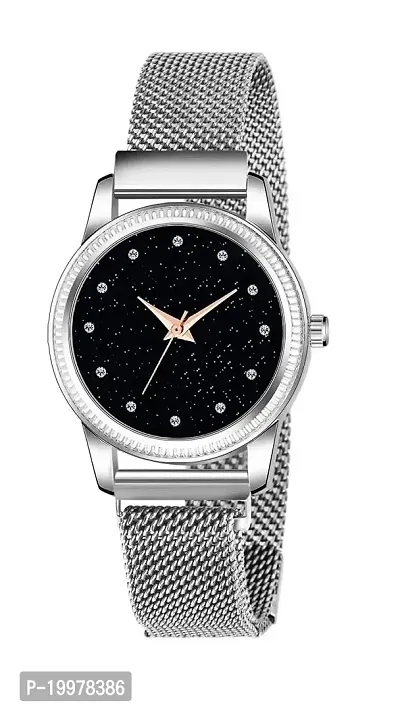 KIARVI GALLERY Black Dial Full Diamond Dial with Magnetic Metal Strap Analog Watch for Girl's and Women (Silver 12DM)