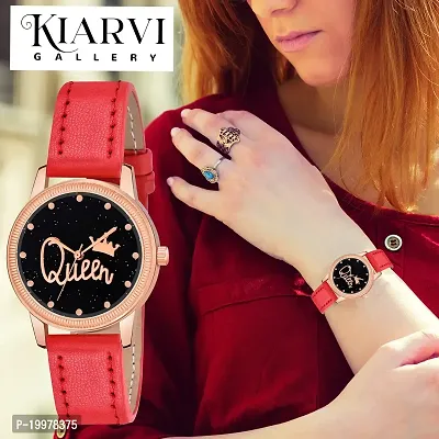 KIARVI GALLERY Clusal Analogue Queen Dial Unique Designer Leather Strap Watch for Girl's and Women's (Red)-thumb5