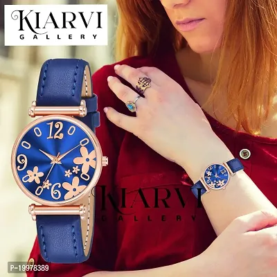 KIARVI GALLERY Analogue Black Flower Dial Designer Leather Strap Women's and Girl's Watch (Grey-Black) (Blue)-thumb4