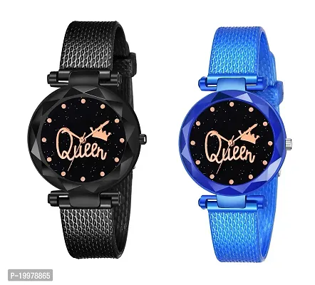 Analogue Queen Dial Pack of 2 Combo PU Strap Analog Watches for Girls and Women (Pack of 2) (Black and Blue)