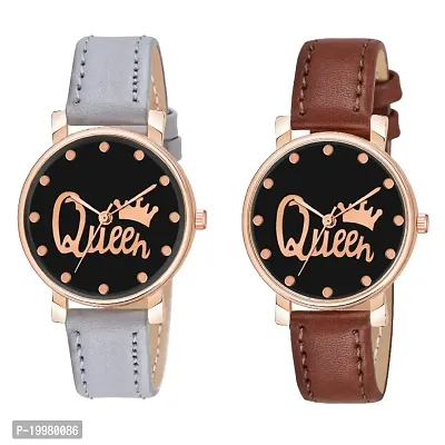 KIARVI GALLERY Analogue Queen Designer Dial Leather Strap Combo Watch for Girls and Women(Blue-Brown) (Grey-Brown)