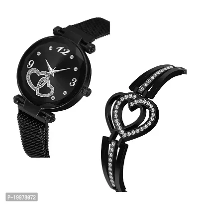 KIARVI GALLERY Heart Dial Magnet Strap Analog Watch and Dual Heart Present Gift Bracelet Combo for Girl's and Women(Combo of 2) (Black)-thumb2