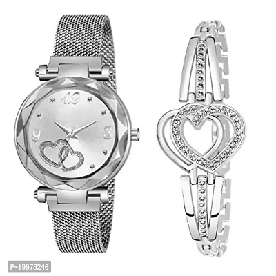 KIARVI GALLERY Heart Dial Magnet Strap Analog Watch and Dual Heart Present Gift Bracelet Combo for Girl's and Women(Combo of 2) (Silver)-thumb0