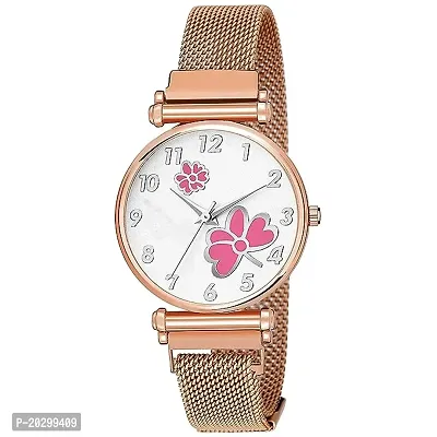 Kiarvi Gallery Casual Analogue Flower Designer Multicolored Dial Rose Gold Magnetic Metal Strap Analog Watch For Girl S And Women