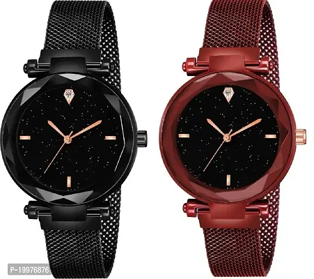 Kiarvi Gallery Black dial and 4 figer with Black and Red Magnetic Buckle Starry Belt Analog Watch Quartz Watch for Women-thumb0