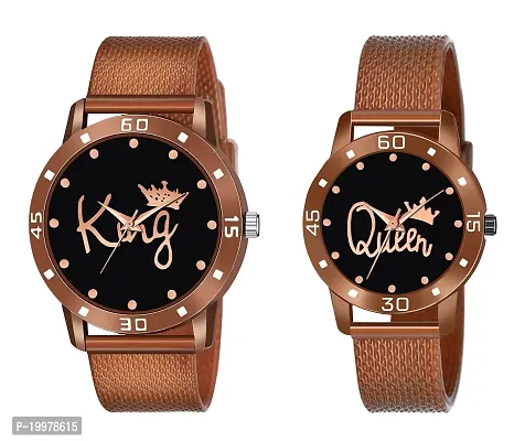 KIARVI GALLERY Analogue King and Queen Dial PU Strap Men's and Women's Couple Watch(Combo, Pack of 2) (Brown)