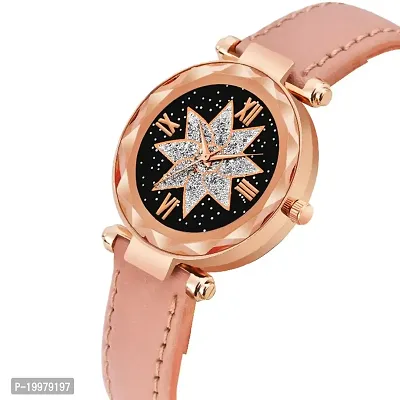 KIARVI GALLERY Analogue Star Flower Designer Dial Leather Strap Watch for Girls and Women(Black) (Peach)-thumb2