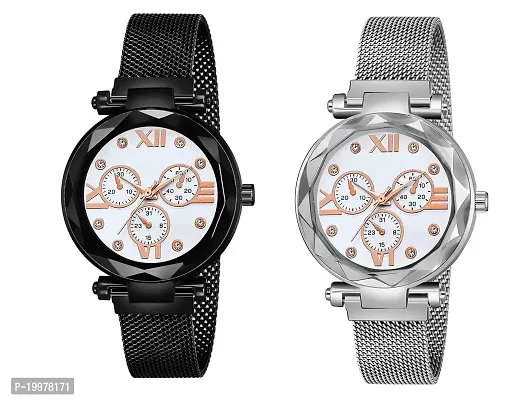 KIARVI GALLERY Black and Silver 2 Designer Magnetic Metal Strap Analog Girl's and Women's Watch (White Dial Black and Silver Color Pack of 2)