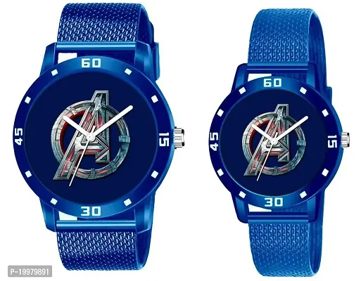 KIARVI GALLERY Analogue Couples Avengers Dial PU Strap Men's and Women's Couple Watch(Combo, Pack of 2) (Black) (Blue)-thumb0