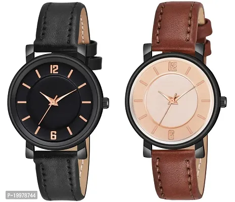 KIARVI GALLERY Analogue Round Dial Stylish Premium Leather Strap Watch for Girls and Women (Pack of -2, Black-Brown)