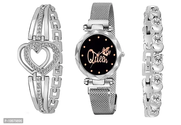 KIARVI GALLERY Branded Silver Queen Dial Magnet Strap Analog Watch for Girls or Women and Present Gift Bracelet Combo for Girls and Women(Combo of 3)